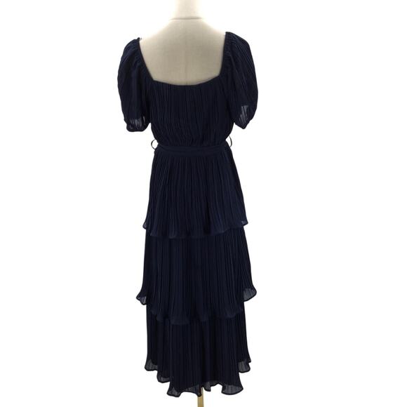 LULU'S M Decadent Dreams Navy Blue Plisse Tiered Puff Sleeve Midi Dress NEW B69 - Picture 3 of 9